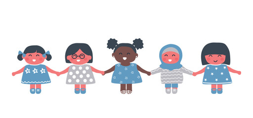 happy little girls holding hands. International Women's Day concept. Diverse group of babies girls. Cute cartoon characters. Vector illustration