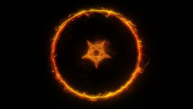 Mystic symbol of esoteric pentagram rotating within ring of blazing fire on black background. Animation for occult and spiritual concepts