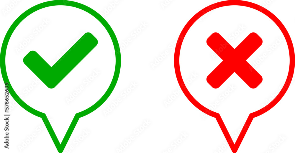 Poster round circle speech bubble cloud message symbol element icon set with green checkmark tick and red x