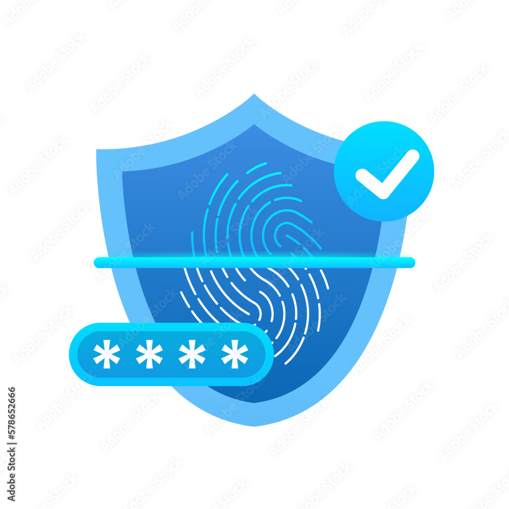 Poster fingerprint scanner with a shield. biometric fingerprint password with padlock and shield icon. touc