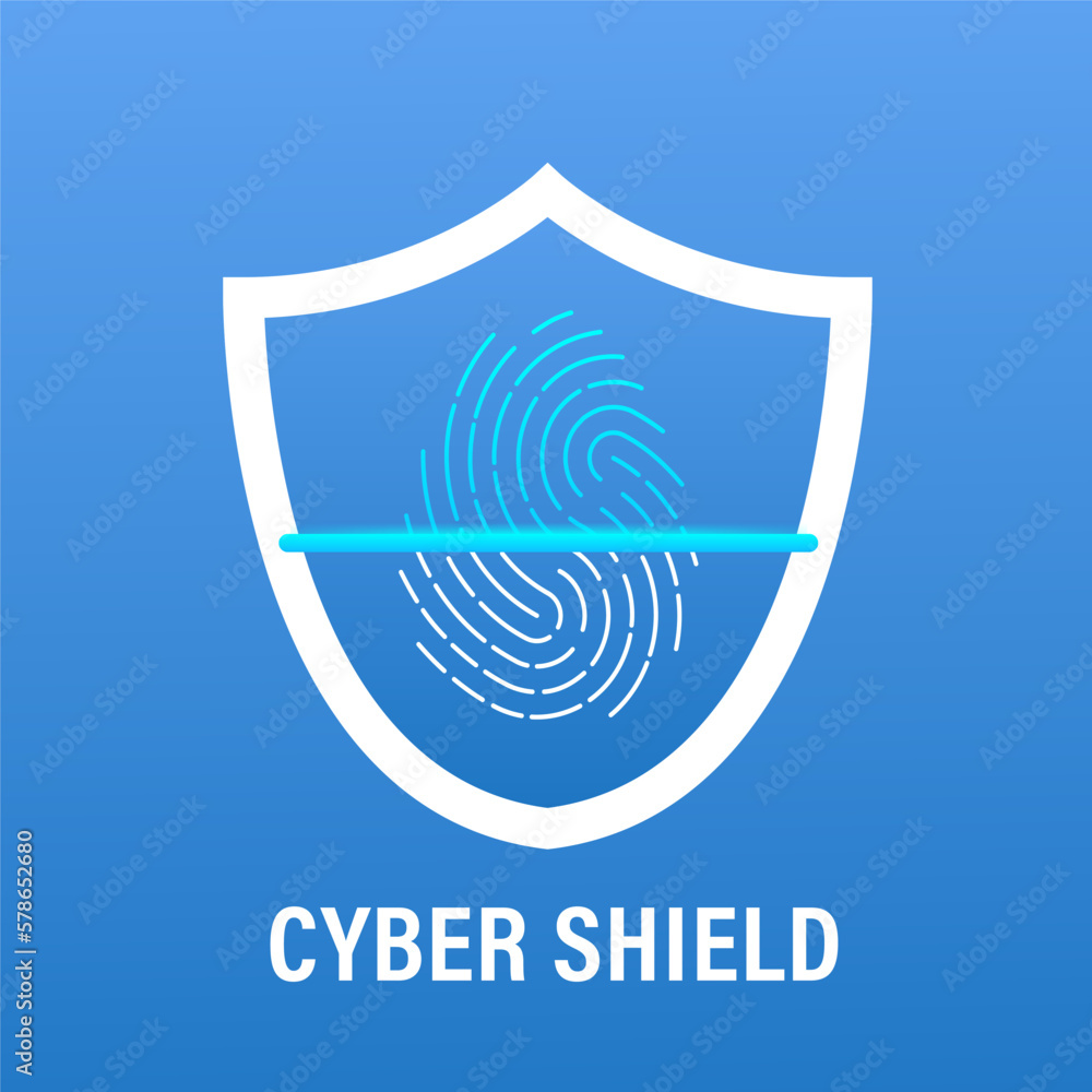 Poster fingerprint scanner with a shield a white background. biometric fingerprint password with padlock an