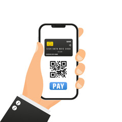 Mobile banking and payment by credit card using smartphone. QR code for pay. scanner app. Digital money. Online shopping concept. Vector illustration