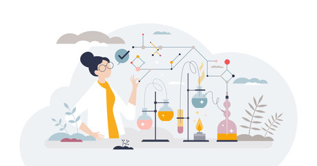 Chemical engineer profession with chemistry field work tiny person concept, transparent background. Laboratory with female scientist experiment job to research new drugs, pills.