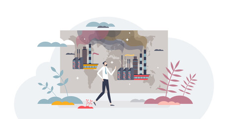 Carbon leakage as company strategy to move CO2 factory to third country with less strict greenhouse gas policy tiny person concept, transparent background. Global ecological pollution problem.
