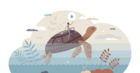 Clean ocean and clear sea with water wildlife protection tiny person concept, transparent background. Environmental climate protection with active nature conservation activities illustration.