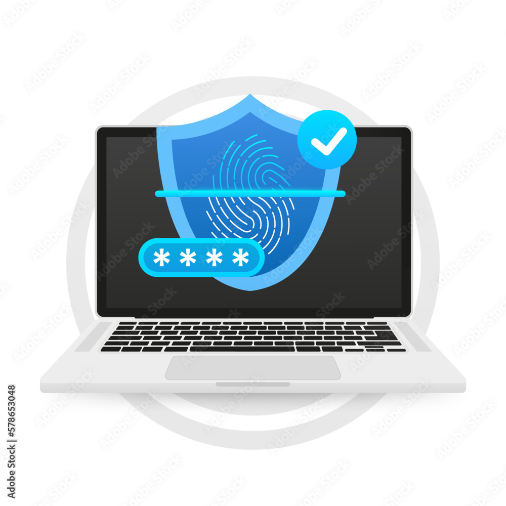 Poster laptop biometric fingerprint password with padlock and shield icon. touch id. password interface to 