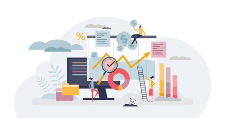 Financial modeling as assets or value data representation tiny person concept, transparent background. Market analysis with statistical or mathematical calculations illustration.