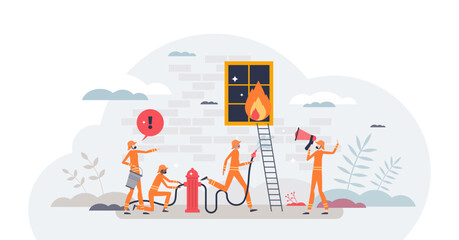 Firefighters occupation and emergency burning situation tiny person concept, transparent background. Fire rescue and flames extinguisher work with professional man teamwork illustration.