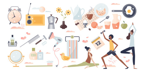 Good morning elements with rise and shine routine collection tiny person set, transparent background.Healthy breakfast with coffee as beginning of new day illustration.