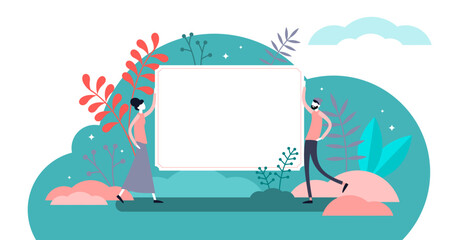 Holding sign illustration, transparent background. Flat tiny blank poster person concept. People with empty sheet without text or information as background.