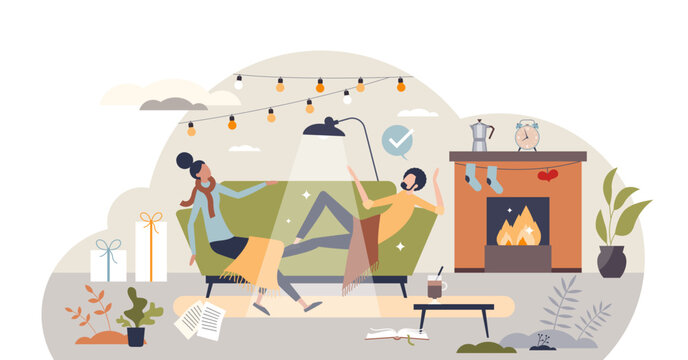 Hygge lifestyle with romantic, warm and cozy atmosphere tiny person concept, transparent background. Interior decoration with fireplace, candles, wool blanket and hot beverages illustration.