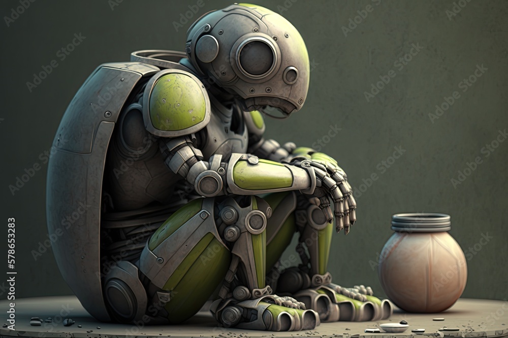Poster robotic android contemplates while sitting idle. generative ai