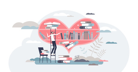 Fototapeta na wymiar Love reading or passion about leisure hobby literature tiny person concept, transparent background. Personal development or horizon expanding to be intelligent, smart and wise illustration.