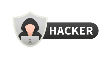 The concept of a hacker in the shape of a shield with laptop computer stealing user's confidential data, personal information. Hacking and web security. Internet phishing concept. Vector illustration