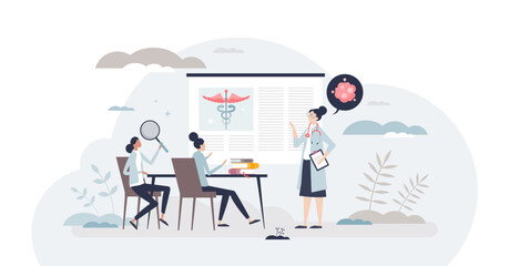 Nursing course and medical doctor education learning tiny person concept, transparent background. Female teaching academic knowledge for hospital work illustration.