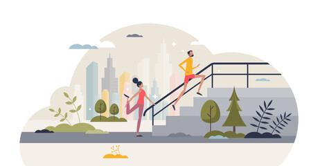 Outdoor exercise and running outside on urban street tiny person concept, transparent background.Healthy fitness as athletic couple everyday training routine illustration. - obrazy, fototapety, plakaty