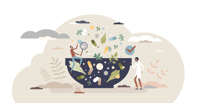 Pharmacohnosy as pharmacy and medical drugs from nature tiny person concept, transparent background.Herbal mixture alchemy for alternative medicine illustration.