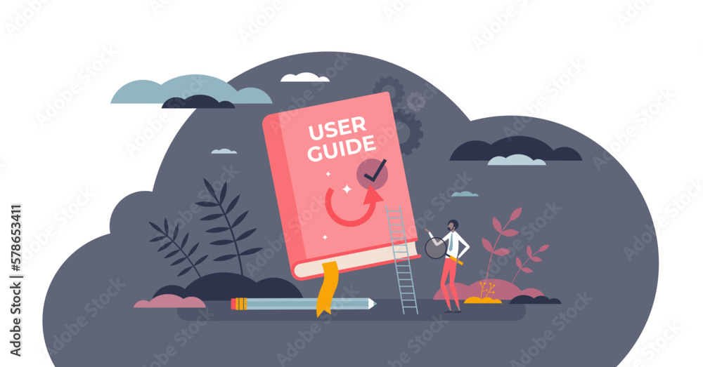 Aufkleber user guide manual as document with product guidance info tiny person concept, transparent background