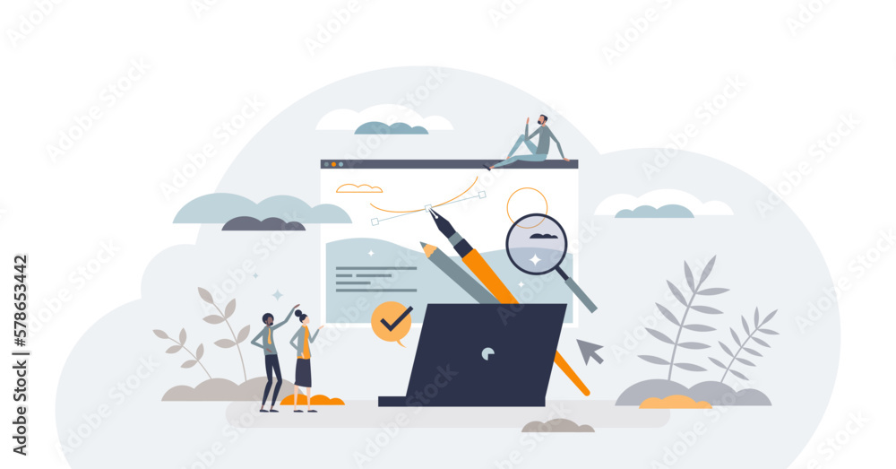 Poster app development and application design drawing teamwork tiny person concept, transparent background.
