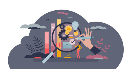 Transparent business with public financial information tiny person concept, transparent background. Economical clarity and corporate ethics as honesty and loyalty security illustration.