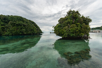 Fototapeta na wymiar Clear Crystal Water in Koror, Palau. With Green Island in Background. Landscape. Micronesia