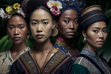 Women's history month | close-up portrait of women from different ethnic backgrounds, surrounded by the natural beauty of a lush forest. celebrating their unique beauty and cultural heritage. Ai