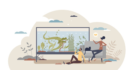 Aquascaping as aquatic plants arrangement in aquarium tiny person concept, transparent background. Water garden and marine environment interior management with exotic fauna illustration.