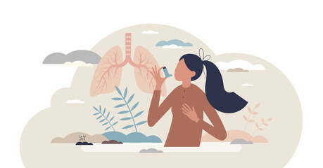 Asthma chronic disease with medical breathing problems tiny person concept, transparent background. Allergic pollen symptoms with bronchial chest pain and spray for normal airways illustration. - obrazy, fototapety, plakaty