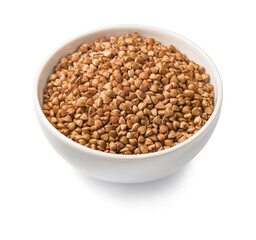 Bowl of buckwheat isolated on white background