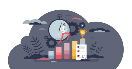 Business performance efficiency and success achievement tiny person concept, transparent background. Company goal target successful accomplishment with effective and productive work illustration.