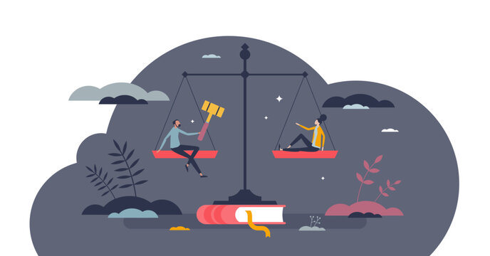 Balance of the law and freedom for ethical legal system tiny person concept, transparent background. Court scale as dignity, liberty, equality and inalienable rights symbol illustration.