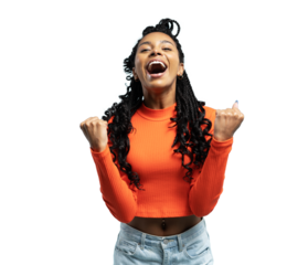 I won. Winning success happy woman celebrating being a winner. Dynamic image of female model on transparent background. Victory, delight concept