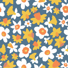 White and yellow Daffodil spring flower pattern on blue background