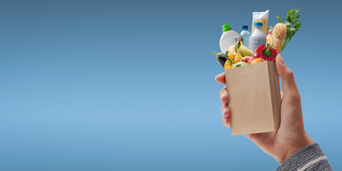 Customer holding a miniature grocery bag with assorted goods