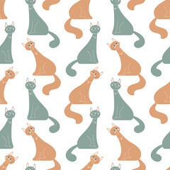 Fototapeta na wymiar Vector seamless pattern with funny pets. Cute cat flat wallpaper. Texture with domestic animals.