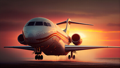 Naklejka na ściany i meble Avión de pasajeros parecido a un Boeing 727 al atardecer o amanecer con nubes y reflejos rojizos, ocaso del sol , generado con IA