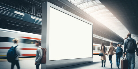 An empty blank billboard or advertising poster in a train station with blurred people. Generative ai