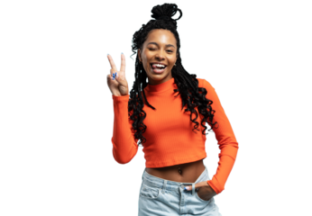 Young smiling friendly positive fun cool cheerful woman 20s showing victory sign isolated on transparent backround