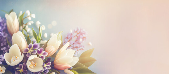 Background with copy space and flowers for women. , Pastel colors illustration top view Women's History Month banner.  generative AI, generative, ai
