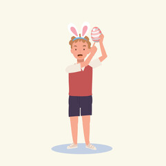 Happy Easter Day.happy Little boy with bunny ears holding Easter egg while pointing index finger at it to show. Flat style vector illustration.