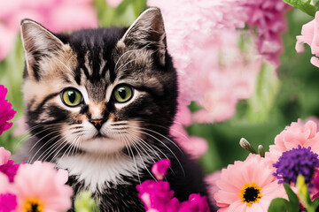 the scene is set in beautiful garden filled with blooming flowers. In foreground, a regal-looking kitten with sleek fur gazing out at the surroundings with a proud expression on her face. Ai