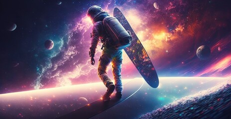 Obraz na płótnie Canvas Colorful, vivid illustrations of astronaut in space surfing on surfboard waves of galaxies generate ai. 
