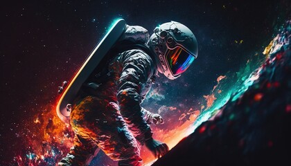 Colorful, vivid illustrations of astronaut in space surfing on surfboard waves of galaxies generate ai.	