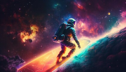 Colorful, vivid illustrations of astronaut in space surfing on surfboard waves of galaxies generate ai.	