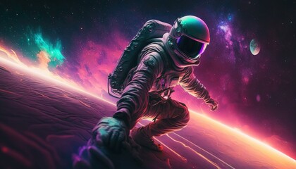 Colorful, vivid illustrations of astronaut in space surfing on surfboard waves of galaxies generate ai.	