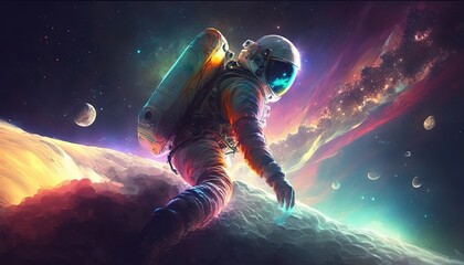 Obraz na płótnie Canvas Colorful, vivid illustrations of astronaut in space surfing on surfboard waves of galaxies generate ai. 