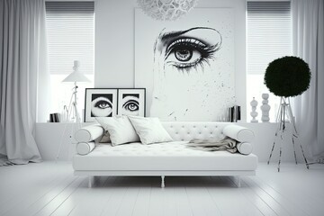 Chic white wall room design with a couch bed. Space for one more visitor. Generative AI