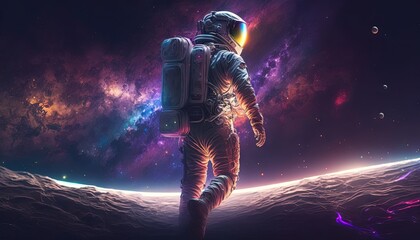 Fototapeta premium Colorful, vivid illustrations of astronaut in space surfing on surfboard waves of galaxies generate ai. 