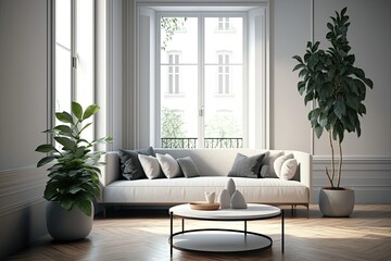 Modern minimalist living room with a sleek coffee table and sofa. Plants on the windowsill, white walls. Flooring is brown wooden parquet. Generative AI