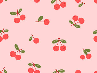 Seamless pattern with cherries, green leaves on pink background vector illustration.